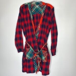 Aerie Blue Red Plaid Long Sleeve Robe Large/XL